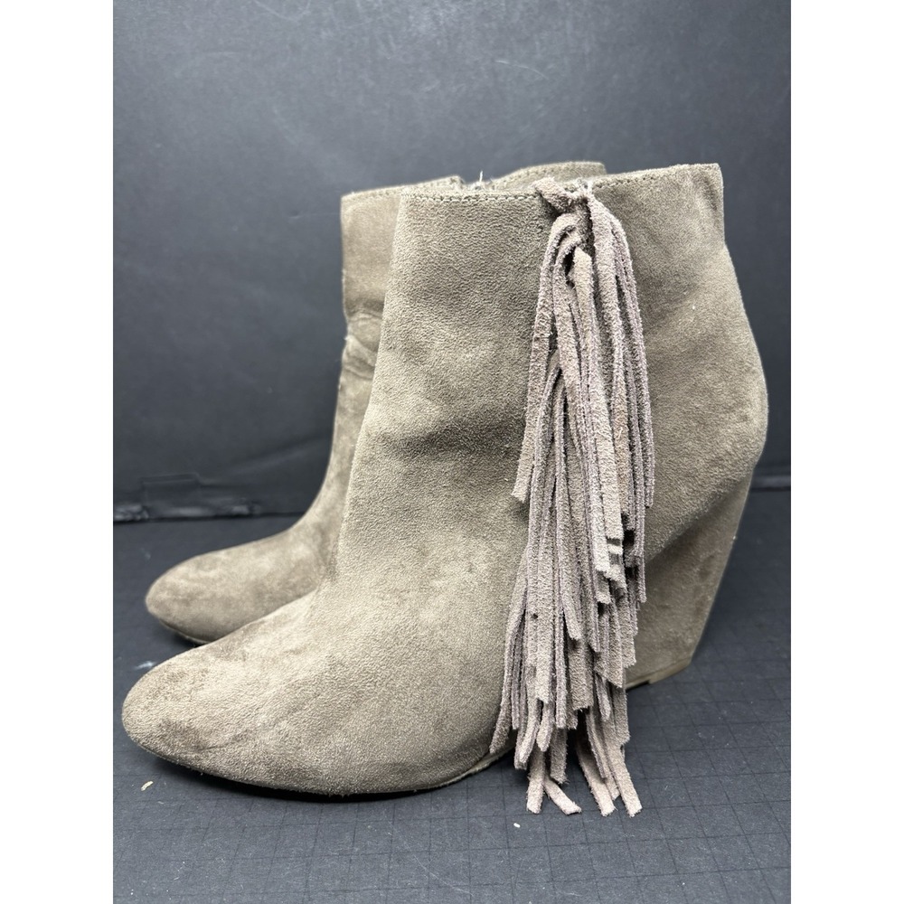 Madden Girl Pave Ankle Boots  Women's Size 8.5 M  Wedge Fringed Taupe Faux Suede
